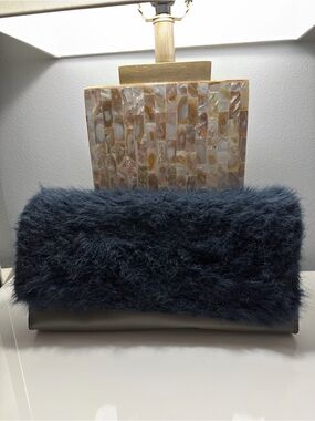 French Connection Faux Fur Clutch in Navy Blue